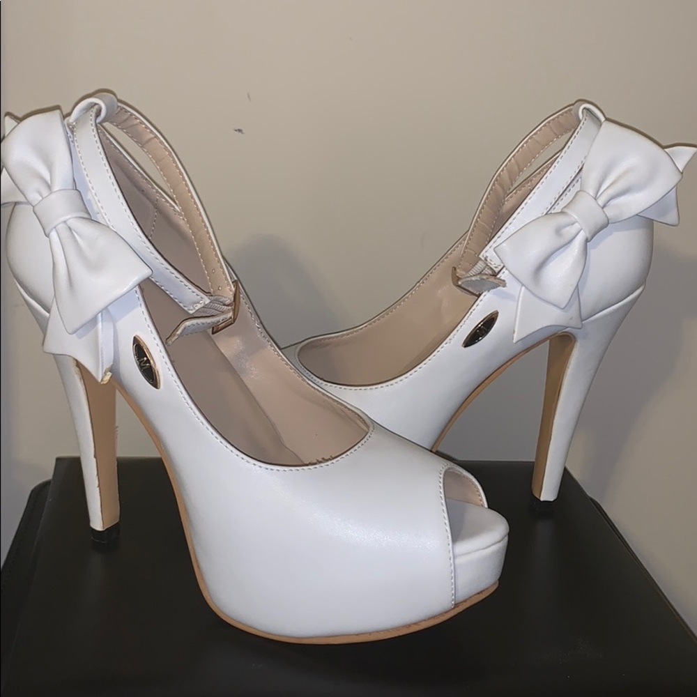 White Peep-Toe Platform Ankle Strap Heel with Bow
